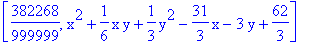 [382268/999999, x^2+1/6*x*y+1/3*y^2-31/3*x-3*y+62/3]